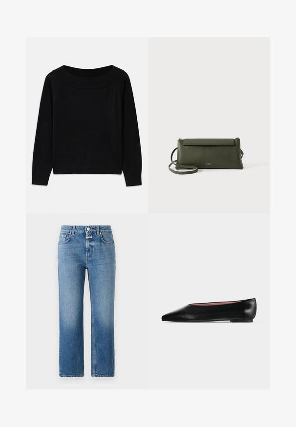 Pull noir avec un large décolleté arrondi, des manches longues et une texture lisse et douce. Présente un design minimaliste sans motifs visibles.; CLOSED MILO - Jean droit - mid blue; Chaussure plate en cuir noir pour femme, avec bout pointu et petit talon, vue de côté sur un fond gris clair uni.; Sac en cuir texturé vert foncé, porté en travers du corps, avec fermeture à rabat et fine sangle réglable, embossé d'un petit logo doré "Bee Projects".
