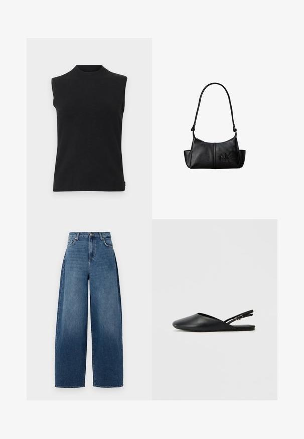 Haut en tricot sans manches noir avec un col rond haut et un ourlet droit sur fond blanc.; Jeans évasés en denim bleu foncé. Caractéristiques : taille haute, cinq poches et fermeture par bouton supérieur. Texture légèrement délavée sur l'ensemble.; Chaussures slingback en cuir noir avec un bout pointu, un design incurvé et une sangle réglable à boucle. Texture lisse, semelle plate, détails minimaux.; Sac à bandoulière en cuir noir avec une longue sangle, des poches latérales et le logo Calvin Klein embossé sur le devant.