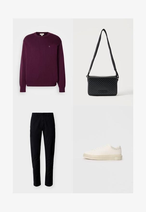 Paarse gebreide trui met lange mouwen, ronde hals, geribbelde zoom en manchetten, en een klein CK-logo op de borst. Gladde textuur.; Zwarte slim-fit broek met riemlussen, knoop aan de voorkant en ritssluiting, weergegeven op een witte achtergrond.; Witte sneaker met een gladde canvas bovenkant, platte veters, gevoerde kraag en een gestructureerde grijze accent aan de achterkant. Dikke rubberen zool.; Zwarte crossbodytas met verstelbare riem en subtiel geometrisch patroon op de voorflap, afgebeeld tegen een witte achtergrond.