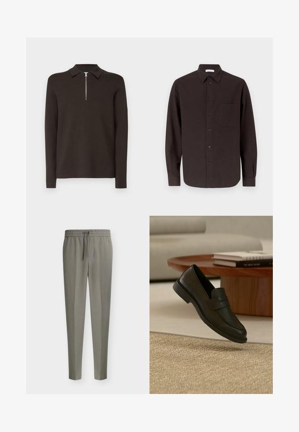 Donkerbruin poloshirt met lange mouwen, een kraag en een korte zilveren ritssluiting. Gemaakt van een gladde, zachte stof. Geen patronen of accenten.; Langsleeve blouse in donkerbruine katoen met een puntige kraag, een voorzak en klassieke knoopsluiting aan de voorkant.; Lichtgrijze, op maat gemaakte herenhosen met taps toelopende pijpen en een elastische tailleband met een vooraan trekkoord.; Zwarte leren loafer schoen getoond in de lucht boven een beige geweven tapijt, met een houten tafel en gestapelde boeken in een zacht verlichte woonkamer.