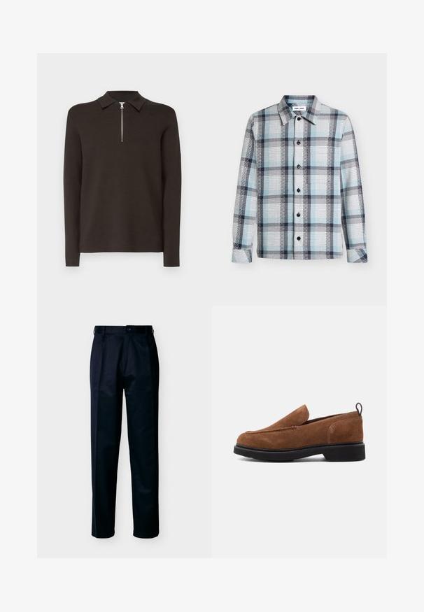 Donkerbruin poloshirt met lange mouwen, een kraag en een korte zilveren ritssluiting. Gemaakt van een gladde, zachte stof. Geen patronen of accenten.; Overhemd met lange mouwen en knopen, lichtblauw, wit en zwart ruitpatroon en een puntige kraag.; Heren zwarte, rechte broek met knoop- en ritssluiting, riemlussen en voorzakken, weergegeven tegen een witte achtergrond.; Bruine suede instappers met een ronde neus, zwarte rubberen zool en een kleine hak. Voorzien van decoratieve stiksels op de bovenkant.