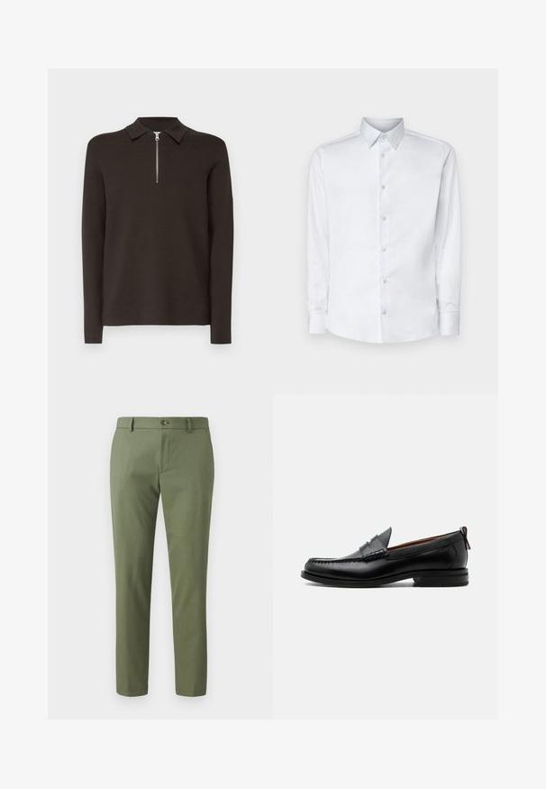Donkerbruin poloshirt met lange mouwen, een kraag en een korte zilveren ritssluiting. Gemaakt van een gladde, zachte stof. Geen patronen of accenten.; Witte lange mouw shirt gemaakt van gladde stof, met een klassieke kraag, knoopsluiting en manchetten met knopen, gepresenteerd tegen een effen achtergrond.; Groene broek van textuurstof, met een slim fit, rechte pijpen en een sluiting met een knoop aan de voorkant. Geschikt voor casual of formele kleding.; Zwarte leren herensloffen met moc toe stiksel, pennyriem, gestructureerde kraag en lage gestapelde hak op witte achtergrond.