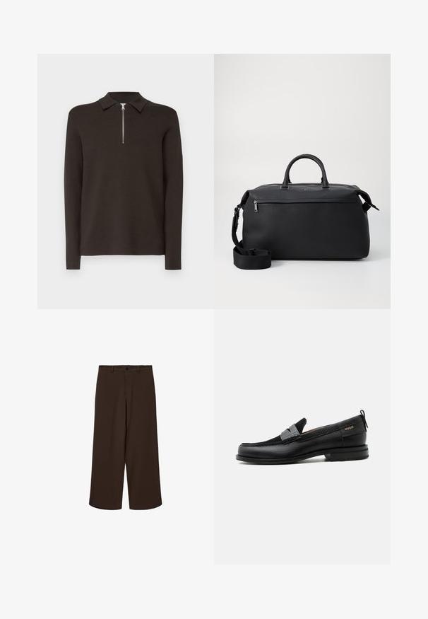 Donkerbruin poloshirt met lange mouwen, een kraag en een korte zilveren ritssluiting. Gemaakt van een gladde, zachte stof. Geen patronen of accenten.; Donkerbruine wide-leg cropped broek met knoop en riemlussen, plat weergegeven op een witte achtergrond.; Zwarte leren loafer met grijs riemdetailelement, lage hak en gestructureerde zool, aan de zijkant gebrandmerkt met "HUGO" in goud.; Zwarte leren reistas met twee bovenhandvaten, een afneembare schouderband en een ritsvak aan de voorkant voor extra opbergruimte.