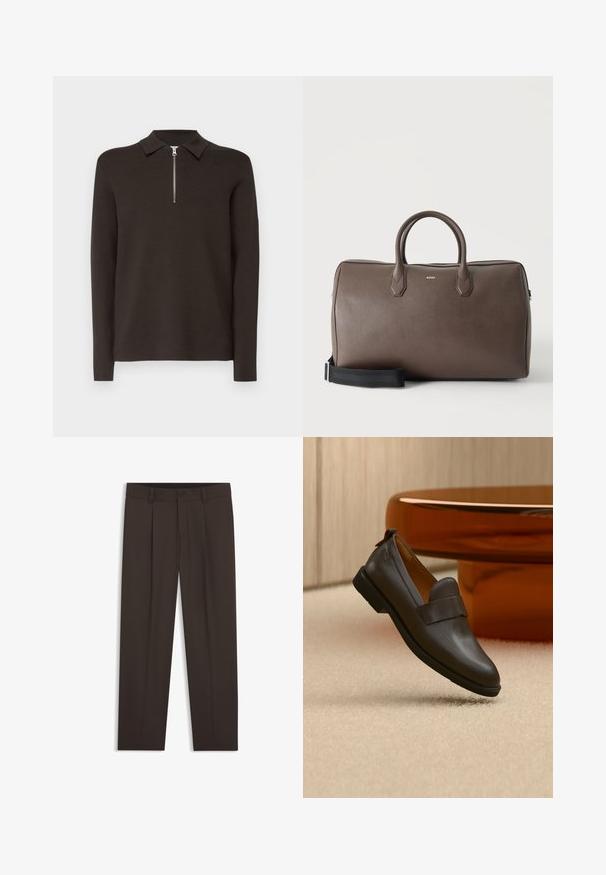 Donkerbruin poloshirt met lange mouwen, een kraag en een korte zilveren ritssluiting. Gemaakt van een gladde, zachte stof. Geen patronen of accenten.; Zwarte formele broek met riemlussen, knoopsluiting aan de voorkant en scherpe plooien langs elke pijp, plat gelegd op een witte achtergrond.; Donkerbruine leren loafer met een lage hak zwevend boven een beige tapijt, naast een glanzende, afgeronde, amberkleurige tafel.; Bruine leren duffeltas met twee handvatten, een zwarte verstelbare schouderriem en een klein "BOSS" logo middenvoor.