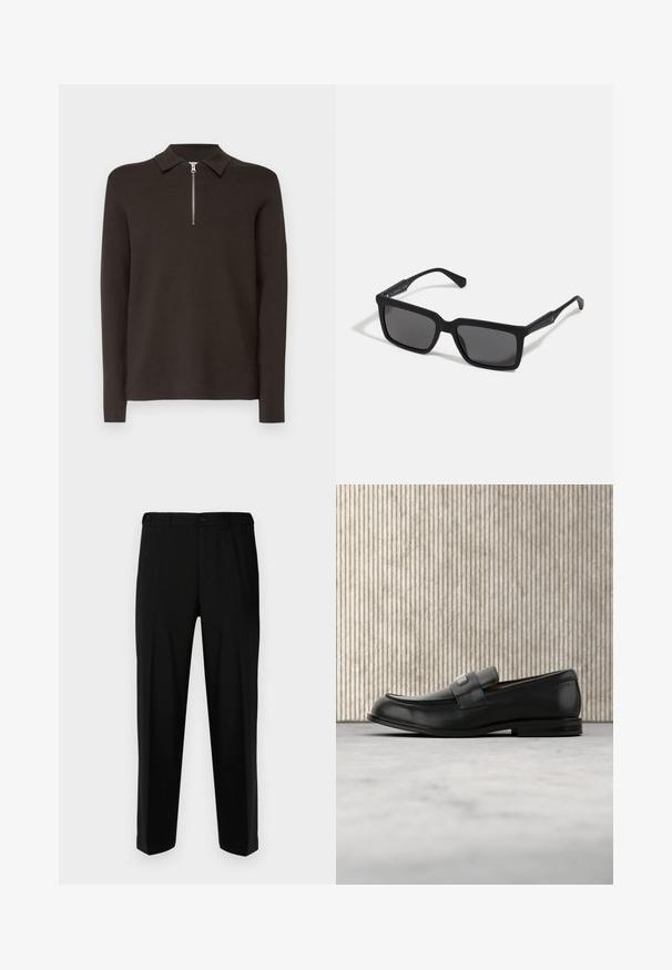 Camisa polo de manga larga color marrón oscuro con cuello y cierre de cremallera plateada corto. Fabricada con un material suave y liso. Sin patrones ni acentos.; Pantalones negros de tela suave, con corte recto, dos bolsillos frontales y cremallera con cierre de botón.; Mocasín de cuero negro con una placa metálica de marca apoyado cerca de una mesa redonda marrón sobre un suelo alfombrado beige.; Gafas de sol negras con lentes rectangulares, acabado mate, montura gruesa y brazos delgados con un discreto detalle de marca.