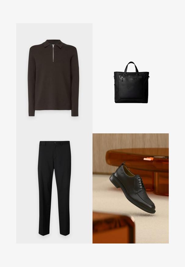 Donkerbruin poloshirt met lange mouwen, een kraag en een korte zilveren ritssluiting. Gemaakt van een gladde, zachte stof. Geen patronen of accenten.; Zwarte op maat gemaakte broek met een platte voorkant, standaard taille en rechte pijpen. Gemaakt van een gladde stof, met een enkele knoopsluiting.; Zwarte leren veterschoen in de stijl van een nette schoen met een gestructureerd vooraanzicht, zwevend boven een beige tapijt in een moderne kamer met amberkleurige meubelen.; Zwarte tote bag met dubbele handvatten, grote voorste leren zak met ritssluiting en subtiel Calvin Klein-logo in het midden van de zak.