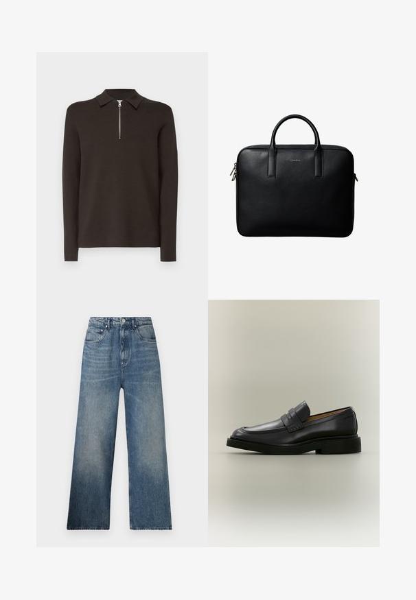 Mørkebrun langærmet polo skjorte med krave og en kort sølv lynlås. Lavet af et glat, blødt materiale. Ingen mønstre eller accenter.; Blå denim bredbenede jeans med høj talje, subtilt slid, fem lommer og metalknaplukning foran.; Sort læder herreloafer med lav hæl og en remdetalje over vristen, vist i profil på en neutral baggrund.; Sort tekstureret lædermappe med dobbelte håndtag og sølv lynlås, centreret på hvid baggrund.