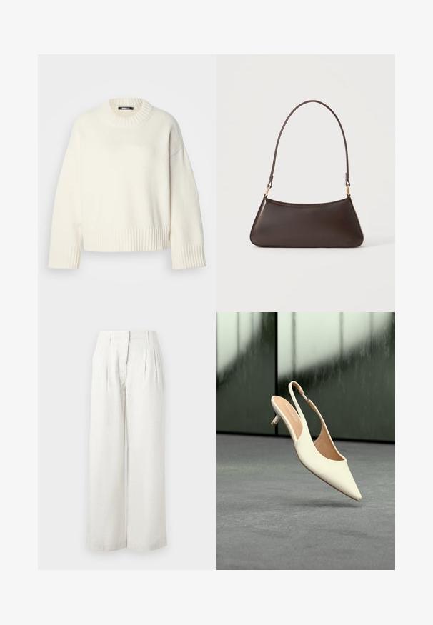 Pull couleur crème avec un col rond côtelé et un ourlet côtelé. Présente des épaules tombantes et une coupe décontractée, fabriqué en tissu doux.; Pantalon large beige clair en tissu texturé, avec plis à l'avant et taille haute. Surface lisse avec peu de détails.; Chaussure femme beige à bout pointu avec bride arrière et petit talon kitten, flottant au-dessus d'un sol gris sur fond sombre flou.; Sac à main en cuir marron foncé avec une fermeture éclair incurvée en haut et une fine bandoulière avec des fermoirs dorés sur un fond uni.