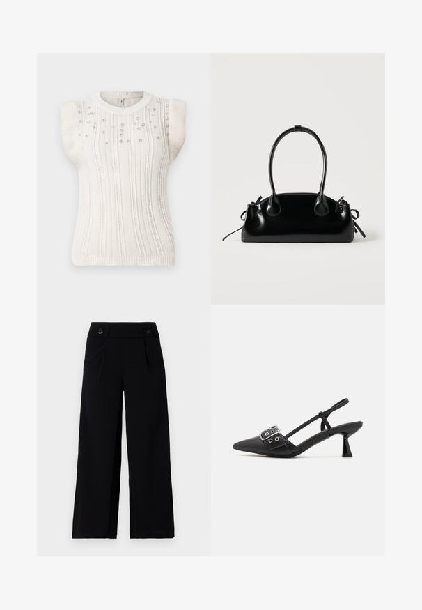 Pull sans manches en tricot de couleur blanc cassé avec des côtes verticales, agrémenté de petites perles décoratives à l'avant, encolure arrondie et ourlet ajusté.; Pantalons larges noirs avec un devant plat, des poches latérales et deux boutons à la taille. Tissu lisse avec un éclat subtil.; Simmi London DALA - Escarpins - black; Petit sac à main noir brillant avec deux longues anses et des détails à cordon sur les côtés sur un fond clair uni.