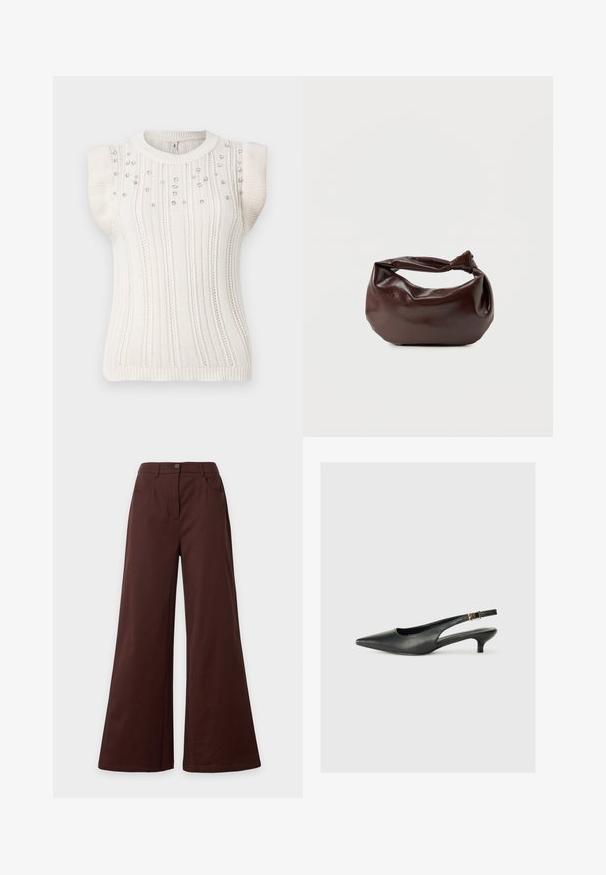 Pull sans manches en tricot de couleur blanc cassé avec des côtes verticales, agrémenté de petites perles décoratives à l'avant, encolure arrondie et ourlet ajusté.; Pantalon marron à jambes larges avec bouton à l'avant et poches, présenté sur un fond clair uni.; Chaussure slingback noire à bout pointu en cuir lisse. Présente un talon fin et un détail de boucle sur la sangle réglable.; Sac bandoulière en cuir marron foncé avec une forme souple et décontractée et une anse nouée torsadée sur un fond blanc uni.