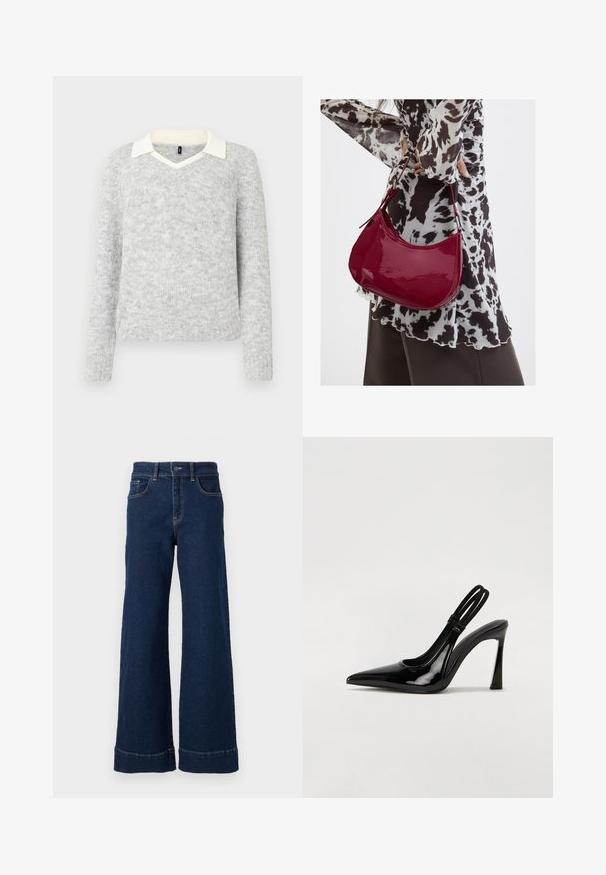 Pull en tricot gris clair à manches longues avec détails d'un col V blanc, ourlets et poignets côtelés, présenté sur un fond blanc.; Jean en denim bleu foncé à coupe large. Présente un design classique à cinq poches, une fermeture à bouton et des détails de ourlet replié.; Escarpin en cuir verni noir à talon aiguille, à bout pointu, avec une sangle élastique double pour un maintien sécurisé. Surface lisse et brillante.; Femme portant un chemisier à motif noir et blanc tenant un sac à main rouge brillant sur un fond uni.