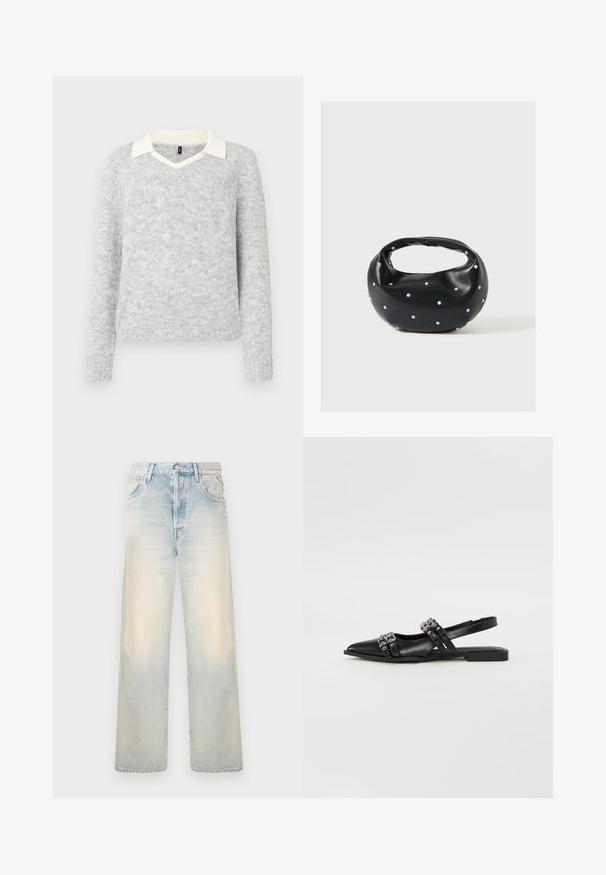 Pull en tricot gris clair à manches longues avec détails d'un col V blanc, ourlets et poignets côtelés, présenté sur un fond blanc.; Jean large en denim délavé avec une finition usée, cinq poches et une fermeture à bouton classique. Texture douce et coupe ample.; Even&Odd Ballerines à brides arrière - black; Sac à main en cuir noir de forme arrondie, décoré de clous argentés et équipé d'une poignée courte. Texture lisse et fermeture éclair.