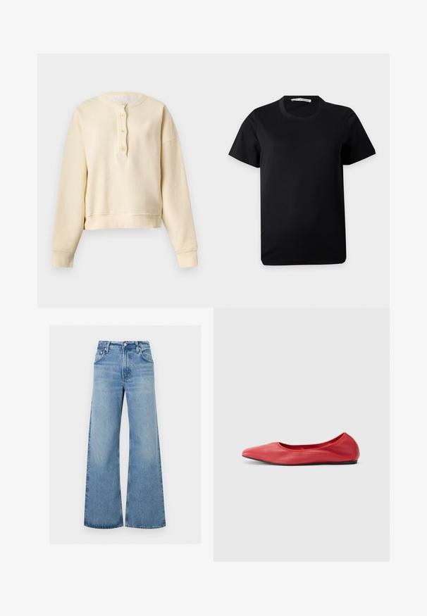 Μπλούζα Henley με μακριά μανίκια σε κρεμ απόχρωση, ριμπ μανσέτες, στρογγυλή λαιμόκοψη και πατιλέτα με τέσσερα κουμπιά μπροστά.; Μαύρο απλό κοντομάνικο T-shirt με στρογγυλή λαιμόκοψη, τοποθετημένο επίπεδα σε λευκό φόντο με ορατή ετικέτα μάρκας μέσα στο γιακά.; Ανοιχτό μπλε τζιν παντελόνια με ψηλή μέση και φαρδύ πόδι, με κουμπί και τσέπες μπροστά, απλωμένα σε λευκό φόντο.; Filippa K REY FLATS - Μπαλαρίνες - bright red