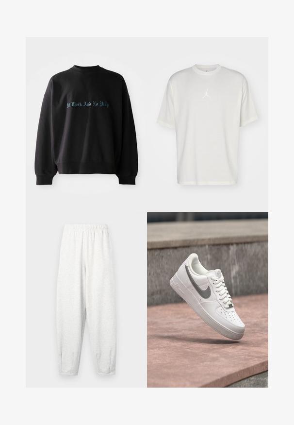 Sort sweatshirt lavet af bomuld, med rund hals og sænkede skuldre. Fronten prydes af teksten "All Work And No Play" i blå skrift.; Hvid bomulds t-shirt med rund halsudskæring, korte ærmer og et lille broderet logo i midten. Løst fit design med minimal syning.; Lyse grå sweatsbukser lavet af blødt stof, med elastisk talje, tætsiddende ben og ankelmanchetter. Simpelt design uden mønstre.; Hvid Nike Air Force 1 sneaker med gråt swoosh-logo svævende over en stensurface og en grå stenvæg i baggrunden.