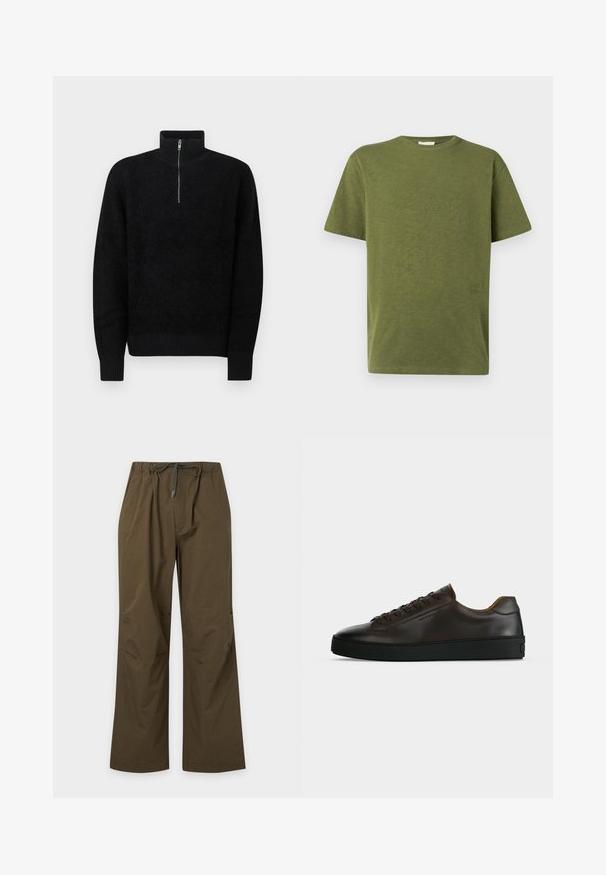 Pull en polaire noir avec un col montant et une fermeture éclair à moitié. Dispose de poignets et d'ourlet côtelés, offrant une apparence texturée et confortable.; T-shirt en coton vert olive avec une coupe décontractée, un col rond et des manches courtes. Présente un détail de texte subtil sur le côté gauche à l'avant.; Pantalon décontracté vert olive avec taille élastique et cordon de serrage à l'avant, coupe droite et coupe décontractée.; Baskets basses en cuir marron foncé avec semelle en caoutchouc noire, lacets à l'avant et design minimaliste épuré sur fond clair.