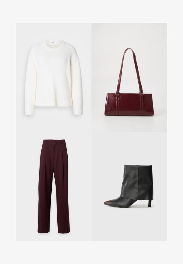 Suéter blanco de textura suave con cuello redondo, hombros caídos y puños y dobladillo acanalados. Diseño sencillo y sin adornos.; Pantalones de cintura alta a medida de color marrón oscuro con piernas rectas y trabillas para cinturón, mostrados sobre un fondo claro y liso.; Botín negro de piel lisa con punta afilada y tacón cónico. La parte superior presenta un diseño ligeramente fruncido.; Bolso burdeos hecho de material brillante, de forma rectangular, con dos asas para el hombro y sutiles acentos curvados en la parte frontal.
