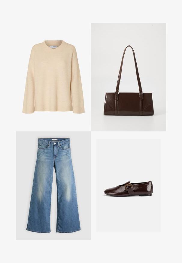 Pull beige à manches longues avec col en V et col côtelé, en tissu tricoté doux, conçu pour les femmes.; Jean large couleur bleu clair en denim. Présente une taille haute, des poches avant et un délavage au niveau des cuisses. Détail d'ourlet brut.; Chaussure plate en cuir verni marron foncé avec une large bride à boucle dorée et un bout arrondi, présentée de profil sur fond blanc.; Sac à main en cuir verni marron de forme rectangulaire, avec deux longues poignées et des accents courbés subtils à l'avant.