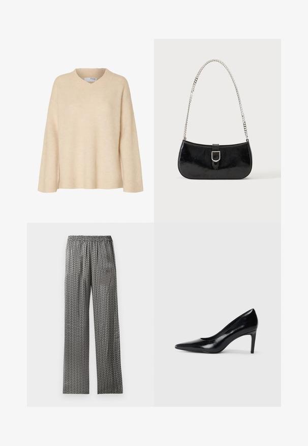 Beige langærmet sweater med V-udskæring og ribstrikket krave, lavet af blødt strikstof, designet til kvinder.; Sorte og hvide mønstrede brede bukser med elastisk talje. Designet har et gentagende, geometrisk pilmotivet.; Sort læder højhælede sko med spids tå, glat tekstur og en taperet hæl. Minimalistisk design uden yderligere udsmykninger.; Sort skuldertaske i laklæder med sølv spænde og sølv kæderem, vist mod en ensartet lys baggrund.