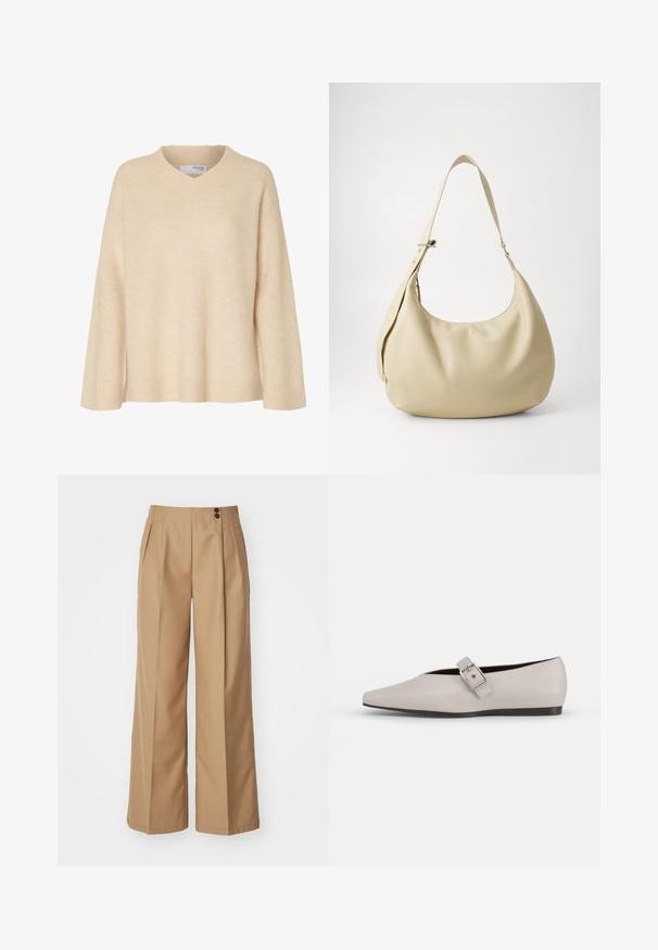 Pull beige à manches longues avec col en V et col côtelé, en tissu tricoté doux, conçu pour les femmes.; Pantalons larges en tissu beige, dotés de deux plis devant, d'une taille haute et de deux boutons marron à la ceinture. Texture lisse.; Chaussure plate en cuir beige avec un bout pointu, un accent de boucle sur le côté et une semelle noire basse. Texture lisse et design minimaliste.; Sac à épaule en cuir beige avec une forme courbée, une bandoulière réglable et un détail de logo embossé, présentant une texture lisse et un design minimaliste.