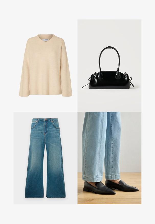 Pull beige à manches longues avec col en V et col côtelé, en tissu tricoté doux, conçu pour les femmes.; Jeans en denim bleu taille haute avec jambes larges, poches avant, fermeture à bouton et dégradé de couleur usé allant de la taille à l'ourlet.; Chaussures en cuir noir à bout pointu et à enfilage, associées à un jean large bleu clair, sur un sol en bois.; Petit sac à main noir brillant avec deux longues anses et des détails à cordon sur les côtés sur un fond clair uni.
