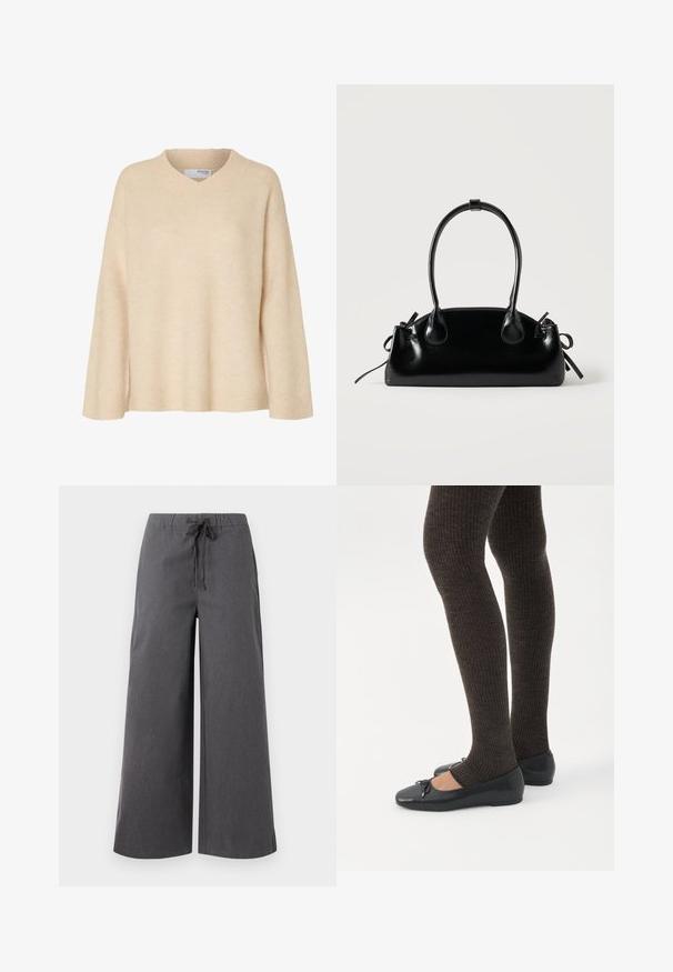 Pull beige à manches longues avec col en V et col côtelé, en tissu tricoté doux, conçu pour les femmes.; Pantalons larges, gris foncé, fabriqués dans un tissu doux, dotés d'une taille élastique avec cordon de serrage et de détails de couture minimaux.; Jambes portant des leggings côtelés foncés associés à des ballerines noires avec de petits détails en nœud sur fond blanc.; Petit sac à main noir brillant avec deux longues anses et des détails à cordon sur les côtés sur un fond clair uni.