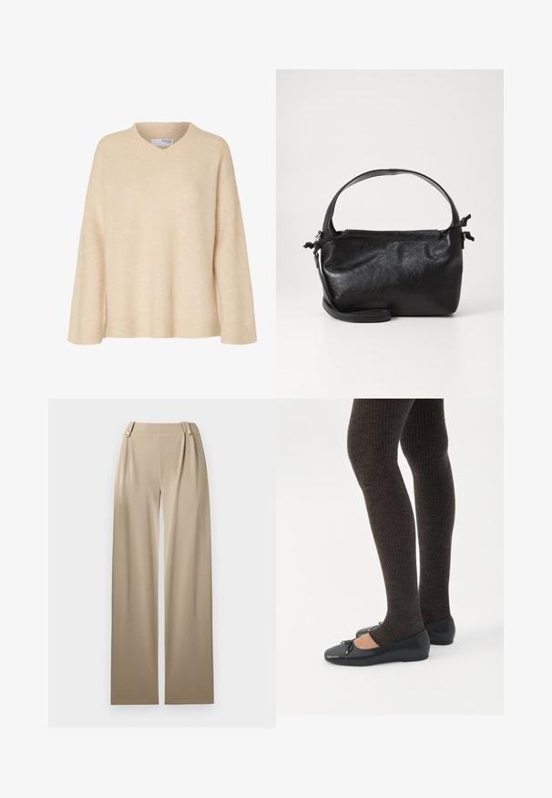 Pull beige à manches longues avec col en V et col côtelé, en tissu tricoté doux, conçu pour les femmes.; Pantalons large en beige avec une texture lisse, présentant deux boutons décoratifs à la taille et des plis subtils pour plus de détails.; Jambes portant des leggings côtelés foncés associés à des ballerines noires avec de petits détails en nœud sur fond blanc.; Sac à main en cuir noir au design structuré, avec une poignée arrondie et une bandoulière amovible. Présente une texture lisse et un éclat subtil.