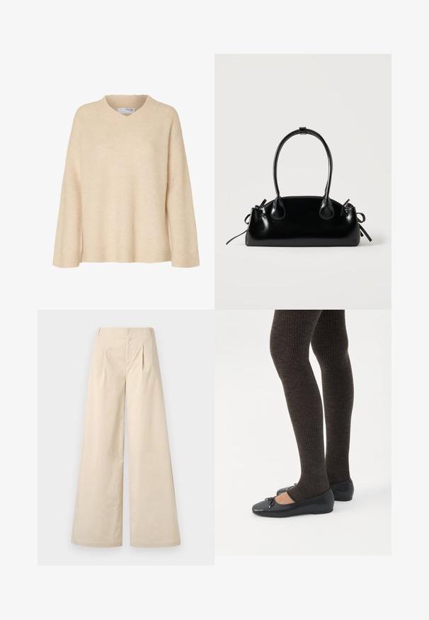 Pull beige à manches longues avec col en V et col côtelé, en tissu tricoté doux, conçu pour les femmes.; Pantalons beige à jambes larges avec une taille haute, des plis avant et une texture en coton lisse. Comprend des poches latérales et un design épuré et ajusté.; Jambes portant des leggings côtelés foncés associés à des ballerines noires avec de petits détails en nœud sur fond blanc.; Petit sac à main noir brillant avec deux longues anses et des détails à cordon sur les côtés sur un fond clair uni.