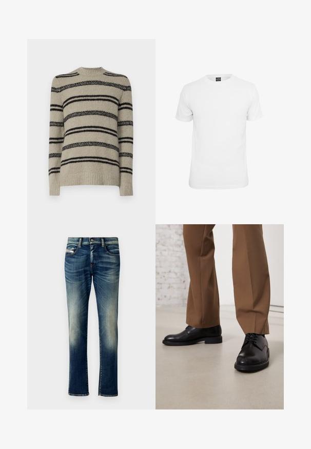 Suéter beige con rayas negras, textura de punto, diseño de cuello redondo y mangas largas. Presenta rayas de diferentes grosores para un detalle estilizado.; Camiseta blanca de manga corta, fabricada en algodón, con un cuello redondo y una textura suave, diseñada para el uso casual.; Jeans de denim azul oscuro con un lavado desgastado, corte recto, costuras contrastantes, cinco bolsillos y un cierre de botón en la cintura.; Zapatos de cuero negro con superficie lisa y puntera redonda, que presentan cierre con cordones y una suela baja y plana. Combinados con pantalones marrones.