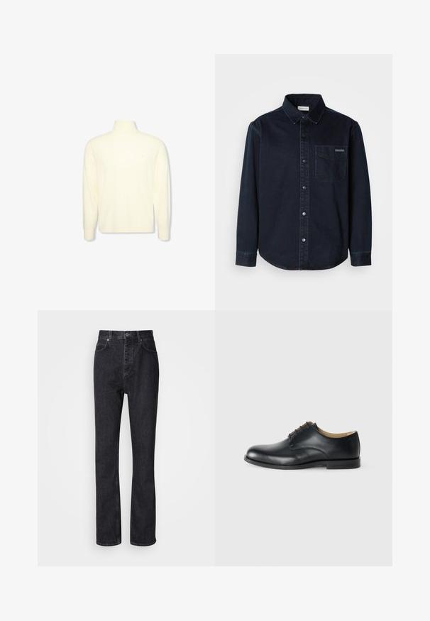 Pull col roulé crème à manches longues avec des poignets côtelés et un logo discret sur la poitrine, présenté sur un fond blanc uni.; Chemise en denim bleu foncé à boutons, dotée d'un col classique, d'une poche avant et de détails de couture contrastants.; Jean en denim noir taille haute avec fermeture à bouton et à glissière, poches avant et arrière, et coupe droite.; Calvin Klein ESS DERBY - Derbies - triple black