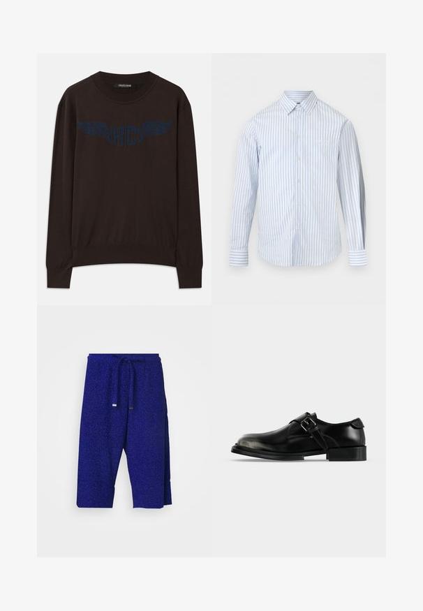 Mørkebrun langærmet sweater med ribbede manchetter og kant, med et marineblåt vinget "RC" logo på brystet og rund halsudskæring.; Lyseblå og hvide lodrette stribet skjorte med lange ærmer, en forlommer og hvide knapper ned gennem midten.; Blå glitrende shorts med snøring i taljen, der har en løs pasform og knælængde, lavet af blødt, struktureret stof.; Sort læder mokkassinsko med sølvspænde, rundet tå, lav stakket hæl og glat poleret finish.