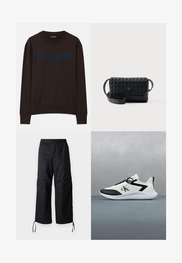 Pull en maille marron foncé à manches longues avec des bords-côtes aux poignets et à l'ourlet, arborant un logo "RC" bleu marine à ailes sur la poitrine et un col rond.; Pantalons cargo noirs en tissu léger, dotés de jambes larges, d'une taille élastique et de cordons de serrage ajustables aux poignets. Deux poches latérales.; Calvin Klein Jeans EVA RUNNER LACE - Baskets basses - bright white/black; Sac bandoulière noir texturé avec une fermeture à rabat et un petit logo en métal sur le devant, présenté sur un fond uni.