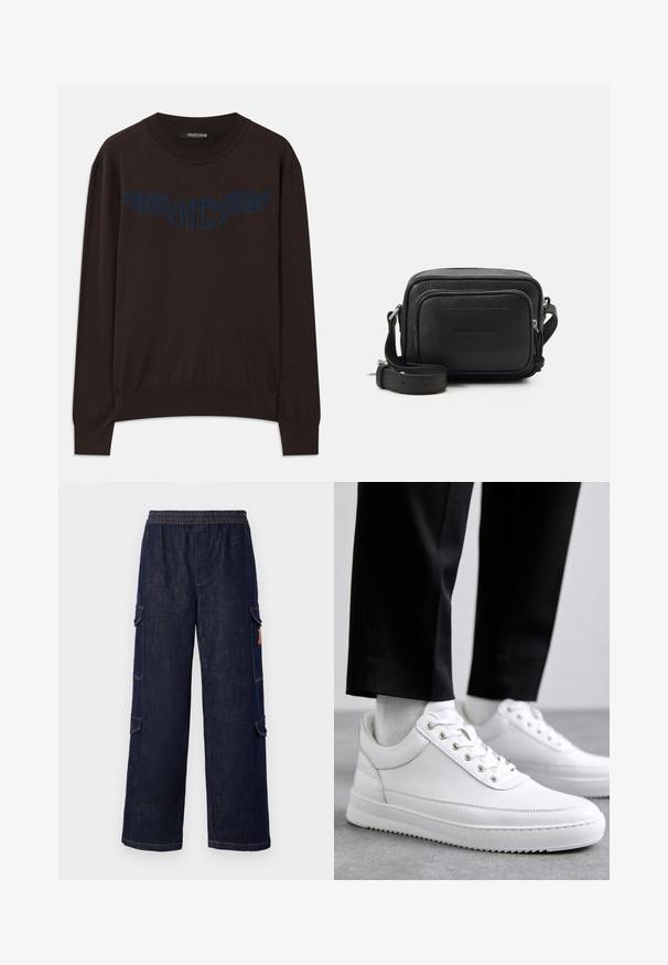 Mørkebrun langærmet sweater med ribbede manchetter og kant, med et marineblåt vinget "RC" logo på brystet og rund halsudskæring.; Mørkeblå denim cargo bukser med afslappet pasform, der har en elastisk linning, sidelommer og kontrasterende syninger.; Hvide lædersneakers med en flad gummisål, der har en glat overflade, rund tå og metaløjer til snørebånd. Bæret med sorte bukser.; Sort læder crossbody taske med en struktureret rektangulær form, tekstureret overflade, lomme med lynlås foran og justerbar strop. Brandlogo prægede.