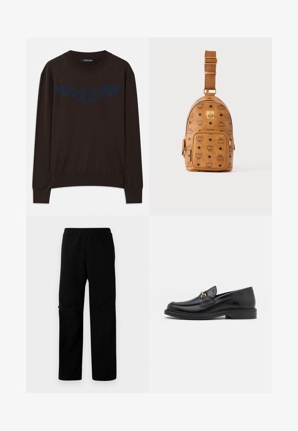 Pull en maille marron foncé à manches longues avec des bords-côtes aux poignets et à l'ourlet, arborant un logo "RC" bleu marine à ailes sur la poitrine et un col rond.; Pantalons en polaire noire avec taille élastique et coupe droite. Texture lisse sans motifs ni éléments métalliques visibles.; Mocassins en cuir noir avec un embout rond, présentant des accents en métal doré et des détails de couture, montés sur une semelle en caoutchouc texturé et basse.; Petit sac bandoulière en cuir beige avec bandoulière réglable, poche zippée à l'avant et motif répété du logo noir MCM.