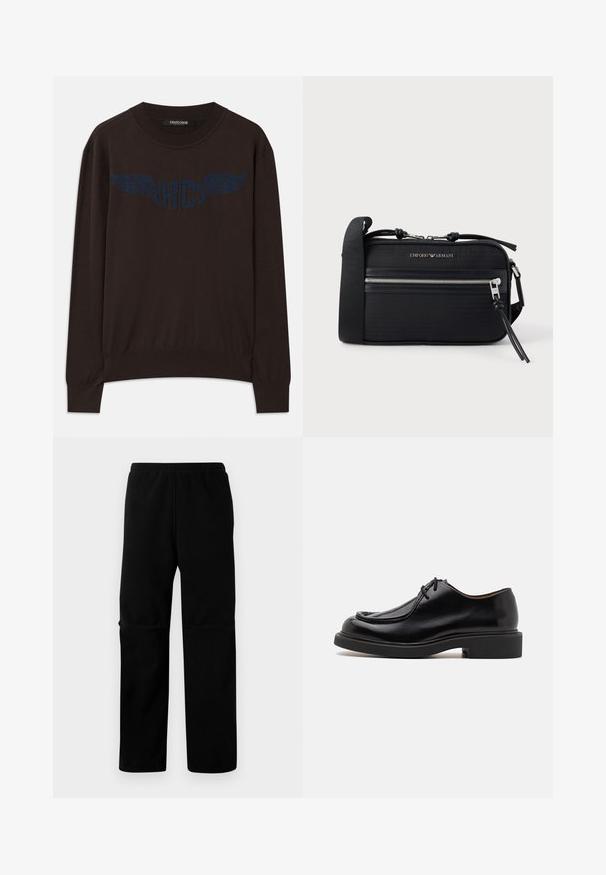 Mørkebrun langærmet sweater med ribbede manchetter og kant, med et marineblåt vinget "RC" logo på brystet og rund halsudskæring.; Sorte fleecebukser med elastisk talje og lige ben. Glat tekstur uden synlige mønstre eller hardware.; Sort lædersko med en rund tå, stikninger, minimale snørebånd og en tyk gummisål for greb og holdbarhed.; Sort nylon crossbody-taske med sølvfarvet hardware, en lynlås i toppen, frontlomme og præget logo. Justerbar rem inkluderet.