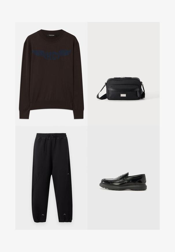 Dunkelbrauner Langarmpullover mit gerippten Bündchen und Saum, mit einem navyblauen geflügelten "RC"-Logo auf der Brust und einem runden Halsausschnitt.; Schwarze Jogginghose mit elastischem Bund und Bündchen, schlanke Passform, dezente Nähte und kleines weißes Logo in der Nähe der Knöchel und am Oberschenkel.; Schwarze Lederloafer mit glanzendem Finish, abgerundetem Zehenbereich, subtilen Steppnähten und einer dicken Gummisohle für Langlebigkeit.; Schwarze rechteckige Umhängetasche mit vorderer Reißverschlusstasche, verstellbarem Riemen und silberner rechteckiger Logo-Plakette auf einfarbigem Hintergrund.