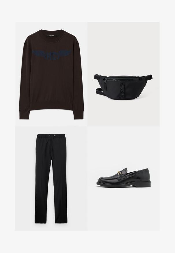 Pull en maille marron foncé à manches longues avec des bords-côtes aux poignets et à l'ourlet, arborant un logo "RC" bleu marine à ailes sur la poitrine et un col rond.; Iceberg PANTALONI - Pantalon classique - nero; Mocassins en cuir noir avec un embout rond, présentant des accents en métal doré et des détails de couture, montés sur une semelle en caoutchouc texturé et basse.; Sac banane noir Moschino avec fermeture éclair frontale et sangle ajustable sur un fond uni clair.