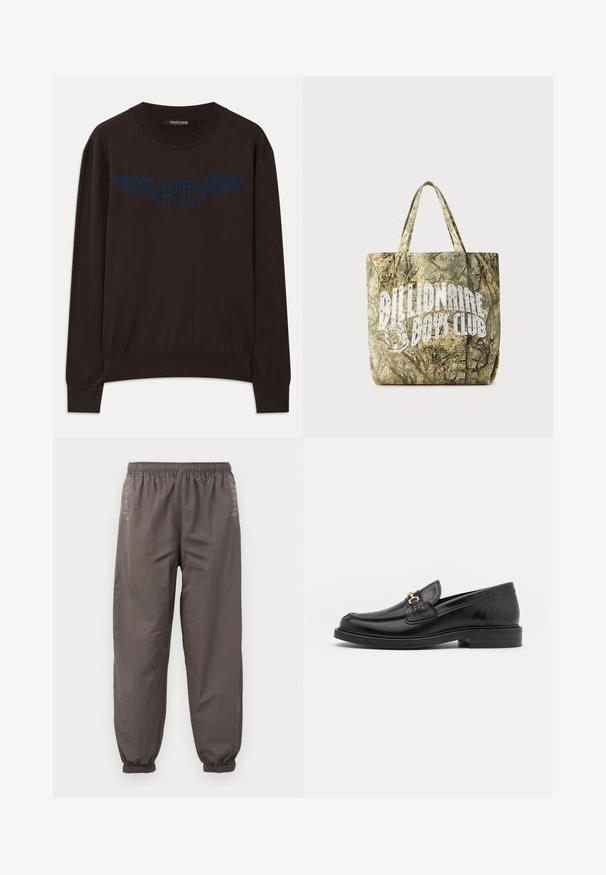 Mørkebrun langærmet sweater med ribbede manchetter og kant, med et marineblåt vinget "RC" logo på brystet og rund halsudskæring.; Mørkegrå, elastiske bukser med en afslappet pasform. Har samlede manchetter og subtil broderi på siderne. Letvægtsstof.; Sorte læder loafers med en rund tå, der har guld hardware accent og syningsdetaljer, placeret på en lav, tekstureret gummisål.; Camouflage-mønstret mulepose lavet af tekstureret stof med to håndtag. Fremviser en fremtrædende hvid logo på den ene side.