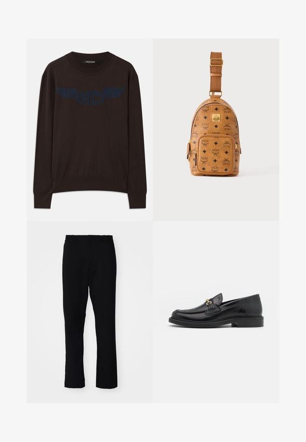 Mørkebrun langærmet sweater med ribbede manchetter og kant, med et marineblåt vinget "RC" logo på brystet og rund halsudskæring.; Sorte bukser med slim fit. De har en elastisk talje og lige ben, lavet af et glat stof med en mat finish.; Sorte læder loafers med en rund tå, der har guld hardware accent og syningsdetaljer, placeret på en lav, tekstureret gummisål.; Lille tan farvet læder crossbody taske med justerbar rem, front lynlåslomme og gentagende sort MCM-logo mønster.