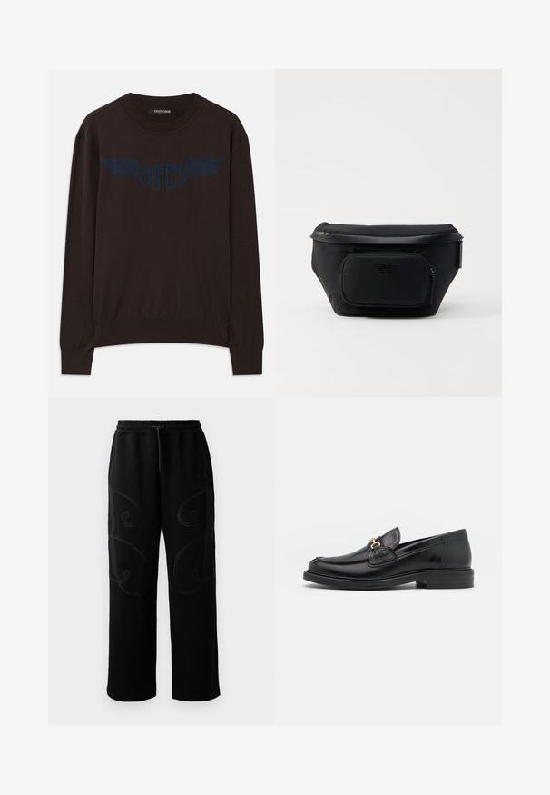 Mørkebrun langærmet sweater med ribbede manchetter og kant, med et marineblåt vinget "RC" logo på brystet og rund halsudskæring.; Sorte joggingbukser med en afslappet pasform, der har intrikate spiralmønstre i syningerne langs siderne samt en elastisk talje med snoretræk.; Sorte læder loafers med en rund tå, der har guld hardware accent og syningsdetaljer, placeret på en lav, tekstureret gummisål.; Sort nylon taske med en frontlomme med lynlås, der har en glat overflade og et logo som accent. Struktureret design med fold-over top.