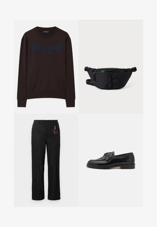 Donkerbruine lange mouwen trui met geribde manchetten en zoom, gekenmerkt door een marineblauw "RC" logo met vleugels op de borst en een ronde halslijn.; Zwarte, geprofileerde, wijde broek met een gladde afwerking en zichtbare naden; inclusief een label bevestigd met een metalen lus.; Zwarte leren instappers met een ronde neus en een decoratieve gesp. Platte, stevige hak en een gladde textuur overal.; Zwarte Moschino heuptas met rits aan de voorkant en verstelbare band op een egale lichte achtergrond.