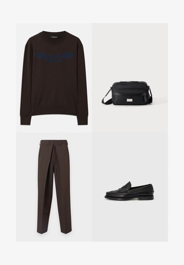 Pull en maille marron foncé à manches longues avec des bords-côtes aux poignets et à l'ourlet, arborant un logo "RC" bleu marine à ailes sur la poitrine et un col rond.; BLUEMARBLE WORK PANT - Pantalon classique - brown; Mocassin en cuir noir avec un détail tissé à l'avant, bout arrondi et petit talon. Texture lisse et design minimaliste.; Sac bandoulière rectangulaire noir avec poche avant zippée, sangle réglable et plaque logo rectangulaire argentée sur fond uni.