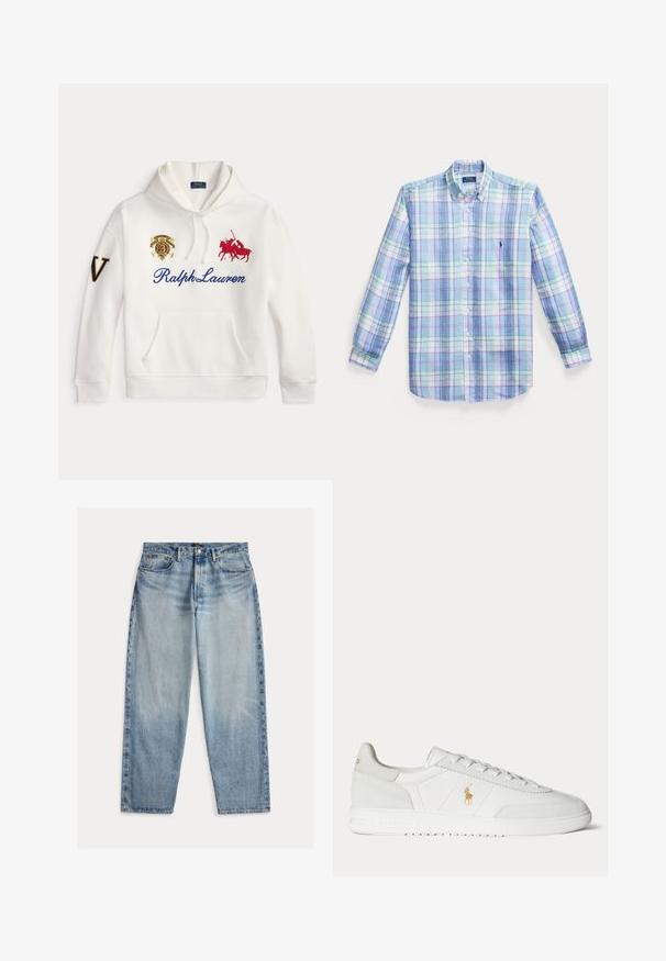Λευκό φούτερ με το κείμενο Ralph Lauren σε μπλε, κεντημένο κόκκινο λογότυπο παίκτη πόλο, έμβλημα στο στήθος και μεγάλο γράμμα V στο αριστερό μανίκι.; Πουκάμισο με μακριά μανίκια και κουμπιά, με παστέλ μπλε, πράσινο και ροζ καρό σχέδιο και μικρό κεντημένο λογότυπο στο στήθος.; Ανοιχτό μπλε τζιν με χαλαρή εφαρμογή. Διαθέτει ψηλή μέση, πέντε τσέπες και ορατές ραφές. Η επιφάνεια είναι ελαφρώς υφή.; Άσπρο χαμηλό sneaker με σχεδιασμό κορδονιών, χρυσό λογότυπο Polo Ralph Lauren στο πλάι και υφασμένο πέλμα σε μονόχρωμο φόντο.