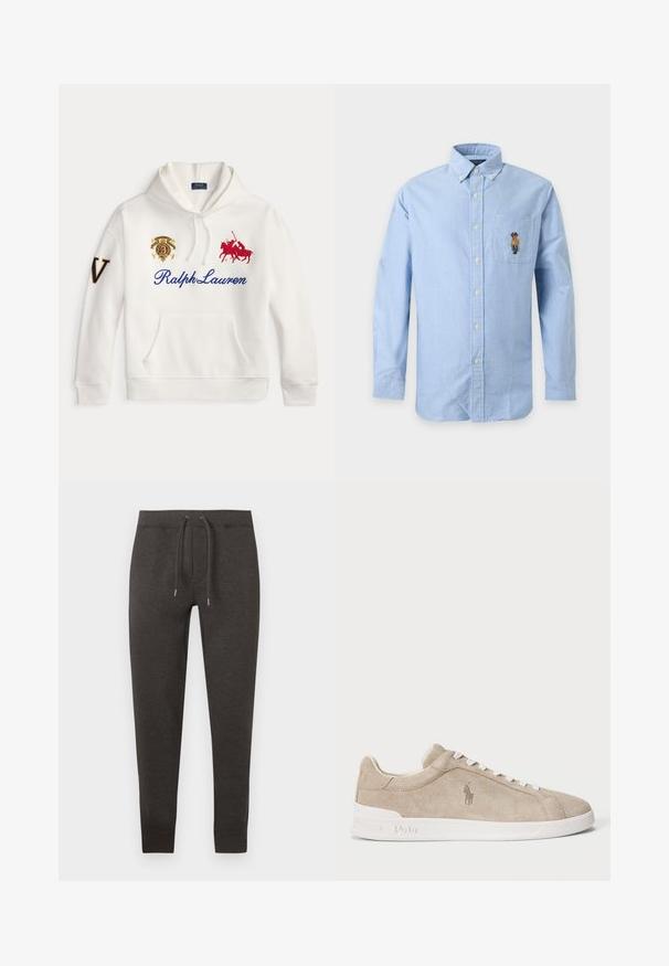 Λευκό φούτερ με το κείμενο Ralph Lauren σε μπλε, κεντημένο κόκκινο λογότυπο παίκτη πόλο, έμβλημα στο στήθος και μεγάλο γράμμα V στο αριστερό μανίκι.; Ανοιχτό μπλε πουκάμισο με μακριά μανίκια, κουμπιά, γιακά με κουμπιά και μικρό κεντημένο αρκουδάκι με τζιν και καπέλο στην αριστερή τσέπη στο στήθος.; Σκούρα γκρι φόρμα από μαλακό ύφασμα, με ελαστική μέση και κορδόνι, στενές στα κάτω άκρα και με μανσέτες στους αστραγάλους.; Μπεζ σουέτ αθλητικά παπούτσια με λευκά κορδόνια και σόλα, κεντητό λογότυπο Polo στο πλάι και με το "Polo" εντυπωμένο στη σόλα.