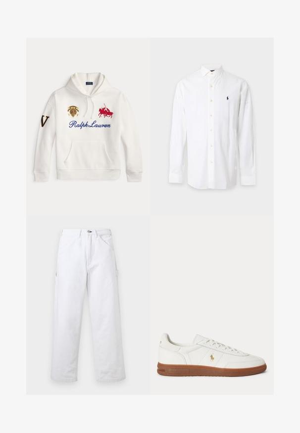 Λευκό φούτερ με το κείμενο Ralph Lauren σε μπλε, κεντημένο κόκκινο λογότυπο παίκτη πόλο, έμβλημα στο στήθος και μεγάλο γράμμα V στο αριστερό μανίκι.; Λευκό πουκάμισο με μακριά μανίκια, κουμπιά και γιακά, με μικρό λογότυπο παίκτη πόλο σε ναυτικό μπλε στο αριστερό στήθος.; Λευκό παντελόνι με ψηλή μέση και ίσια γραμμή, με θηλιές για ζώνη, εμπρόσθιες τσέπες, κούμπωμα με κουμπιά και πλαϊνή τσέπη χρηστικότητας σε απλό φόντο.; Άσπρο χαμηλό αθλητικό παπούτσι με καφέ σόλα, κορδόνια μπροστά και μικρό χρυσό λογότυπο Polo Ralph Lauren στο πλάι.