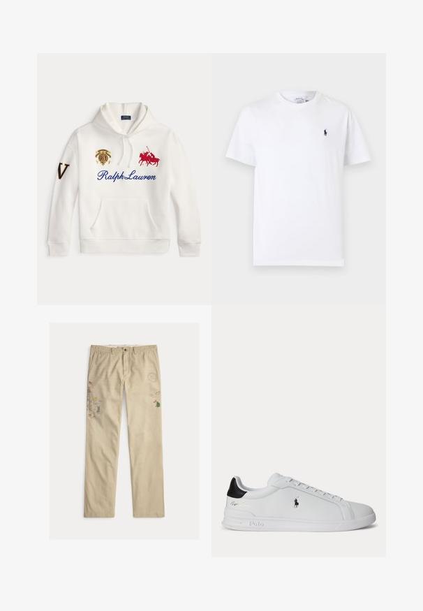 Λευκό φούτερ με το κείμενο Ralph Lauren σε μπλε, κεντημένο κόκκινο λογότυπο παίκτη πόλο, έμβλημα στο στήθος και μεγάλο γράμμα V στο αριστερό μανίκι.; Λευκό κοντομάνικο T-shirt με στρογγυλή λαιμόκοψη και μικρό σκούρο μπλε λογότυπο παίκτη πόλο στο αριστερό στήθος.; Μπεζ βαμβακερό παντελόνι με κεντημένα σχέδια, όπως δέντρα και βουνά, με κλείσιμο με κουμπί και θηλάκια για ζώνη.; Λευκό sneaker χαμηλού τύπου με μαύρη φτέρνα, κορδόνια και το λογότυπο Polo Ralph Lauren στο πλάι, με ανάγλυφες λεπτομέρειες στη σόλα.