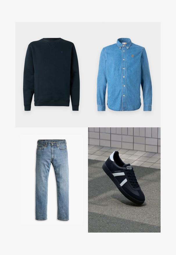Marineblauer Rundhals-Pullover aus weichem Stoff, mit gerippten Bündchen und Saum, versehen mit einem kleinen Logo auf der Brust. Schlichtes, minimalistisches Design.; Helles blaues Denim-Hemd mit langen Ärmeln, Button-Down-Kragen und weißen Knöpfen. Mit einem kleinen, orangen Baum-Logo auf der linken Brust.; Blaue gerade geschnittene Jeans aus Denim mit fünf Taschen, Gürtelschlaufen und Metallknopfverschluss vor einem weißen Hintergrund.; Schwarze Leder-Sneaker mit weißen Streifen, strukturiertem Gummisohle und Schnürung. Verfügt über ein Markenetikett auf der Zunge.