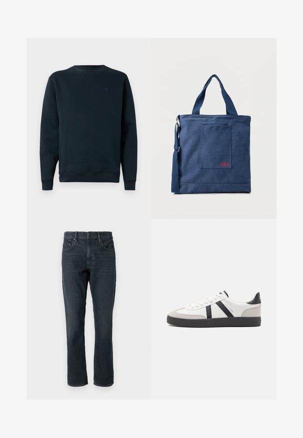 Marineblauer Rundhals-Pullover aus weichem Stoff, mit gerippten Bündchen und Saum, versehen mit einem kleinen Logo auf der Brust. Schlichtes, minimalistisches Design.; Dunkelblaue Denim-Jeans mit geradem Schnitt, Fünf-Taschen-Design und Knopfverschluss. Merkmale sind dezente Ausbleichungen und Kontrastnähte.; Weiße Sneaker mit schwarz- und grau-aczenten, ausgestattet mit einer strukturierten grauen Zehenkappe, schwarzer Gummi-Sohle und flachen weißen Schnürsenkeln. Sauberes Design, minimalistische Stil.; Blauer Canvas-Einkaufstasche mit Vordertasche und roter "O.N.S" Stickerei, ausgestattet mit zwei Griffen und einem verstellbaren Schulterriemen.