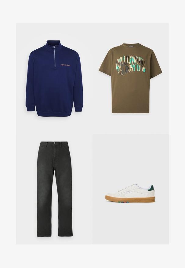 Marineblå halvpullover lavet af blød stof. Har en høj krave, ribbede manchetter og "Originals Studio" broderet i kontrastfarve.; Olivengrøn kortærmet t-shirt med teksten "Billionaire Boys Club" og grafik af astronaut-hjelm i reflekterende flerfarvet tryk foran.; Sorte bomuldscanvasbukser med lige ben, frontlommer og knaplukning. Har diskrete tekstur- og syningsdetaljer.; Hvide lædersneakers med perfereret design, gummisul, grøn hælaccent og farverig stribe detalje på siden.