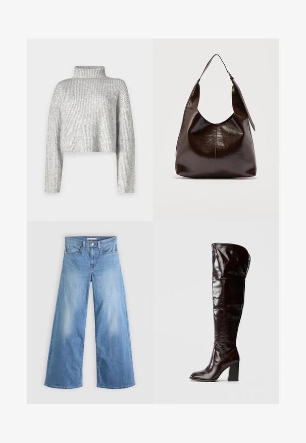 Pull gris court en tissu côtelé, doté d'un col haut et de manches longues, avec une texture douce et une légère variation de couleur.; Jeans larges bleu clair en denim, avec une taille haute, une fermeture éclair et un bouton à l'avant, et un design classique à cinq poches.; Bottes en cuir bordeaux glacé montant jusqu'au genou, avec un bout carré et un talon bloc, présentant un design ample et des détails de couture minimalistes.; Sac à bandoulière en cuir marron foncé brillant avec une seule large sangle et un détail de boucle sur un côté, posé sur un fond clair uni.