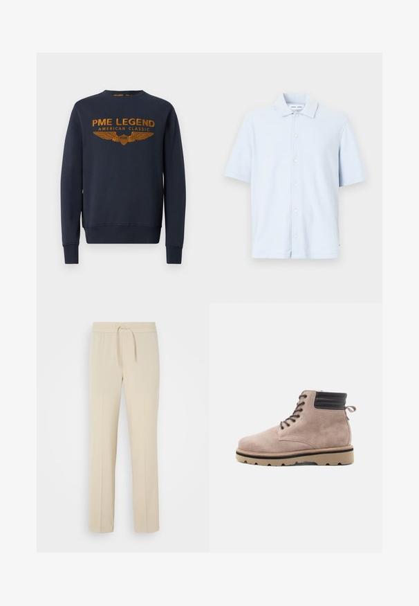 Marineblaue Sweatshirt aus Baumwolle, mit goldenem bedrucktem Logo mit Flügeln. Rundhalsausschnitt, lange Ärmel, gerippte Bündchen und Saum.; Helles blaues Kurzarmhemd aus weichem Stoff, mit einer durchgehenden Knopfleiste und einem klassischen Kragendesign.; Beige, elastische Hosen mit einem Kordelzug. Sie haben gerade Beine und eine glatte Textur, geeignet für Freizeit oder Entspannung.; Beige Wildleder Stiefeletten mit schwarzem gepolstertem Kragen, brauner Sohle und runder Zehenform. Mit Schnürung und einem Zugband hinten.